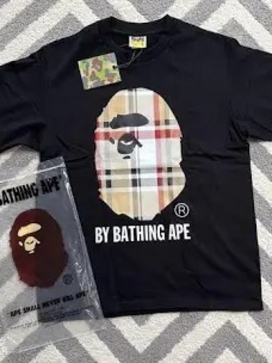 Bape Other - Bape Black T-Shirt with Beige & Red Plaid Ape Head